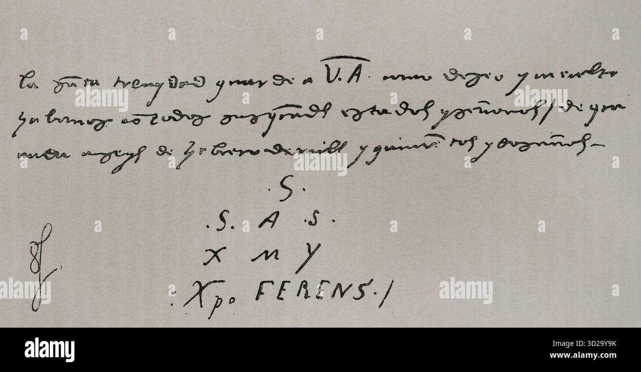 Christoph Kolumbus (1451-1506). Navigator, Kartograf und Admiral. Er diente der Krone von Kastilien. Entdecker von Amerika im Jahr 1492. Faksimile von Christoph Kolumbus Unterschrift auf einem Brief an die katholischen Monarchen, datiert in Granada am 6. Februar 1502, in dem einige Überlegungen zur Kunst der Schifffahrt dargelegt wurden. Amerika. Geschichte der Entdeckung von der Urzeit bis zur Neuzeit, geschrieben von Rodolfo Cronau. Band I. veröffentlicht in Barcelona, 1892. Stockfoto