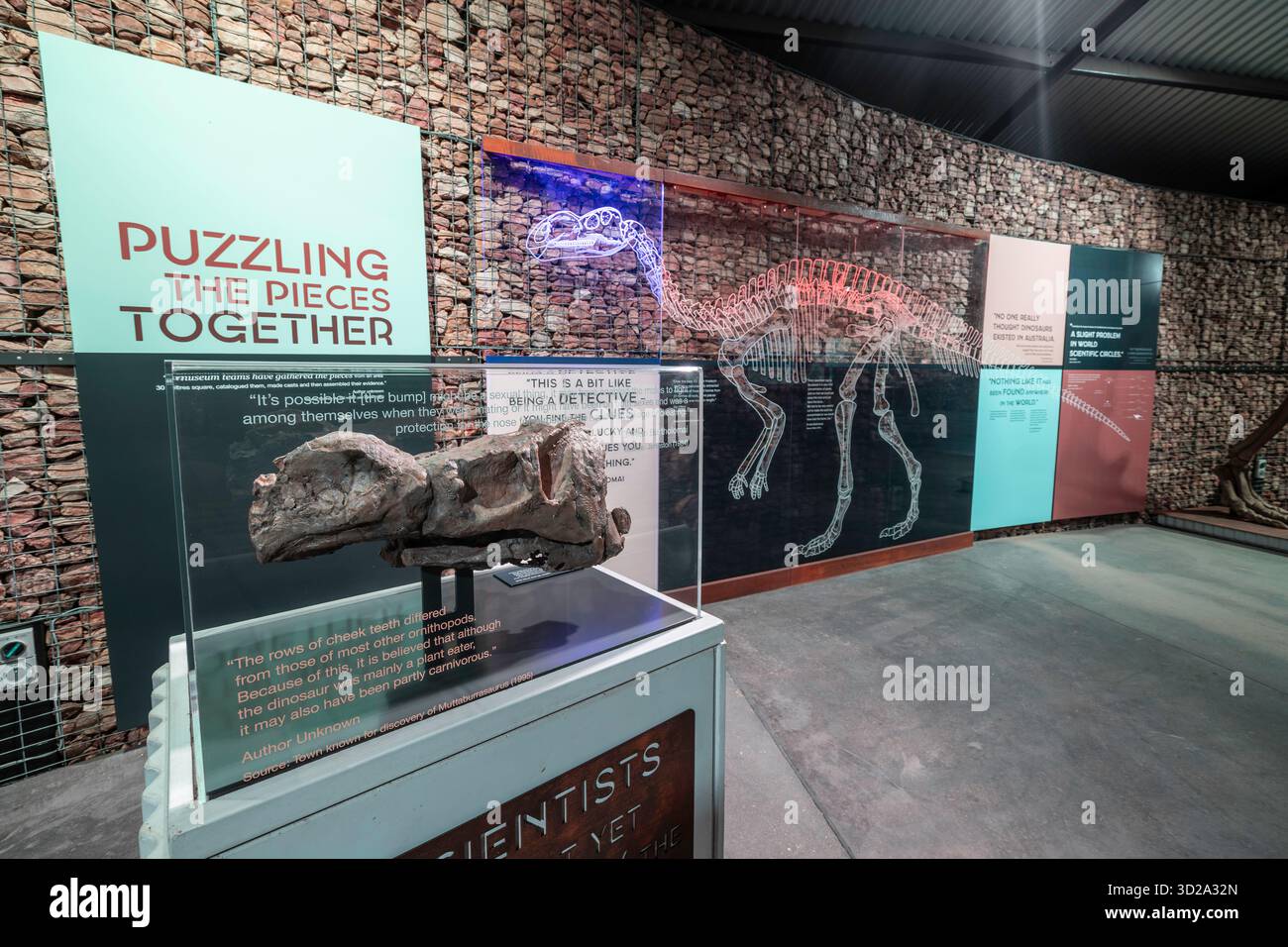 Inneres des Muttaburrasaurus Interpretive Centre mit Informationstafeln und fossilen Knochen, Muttaburra, Queensland, Australien Stockfoto