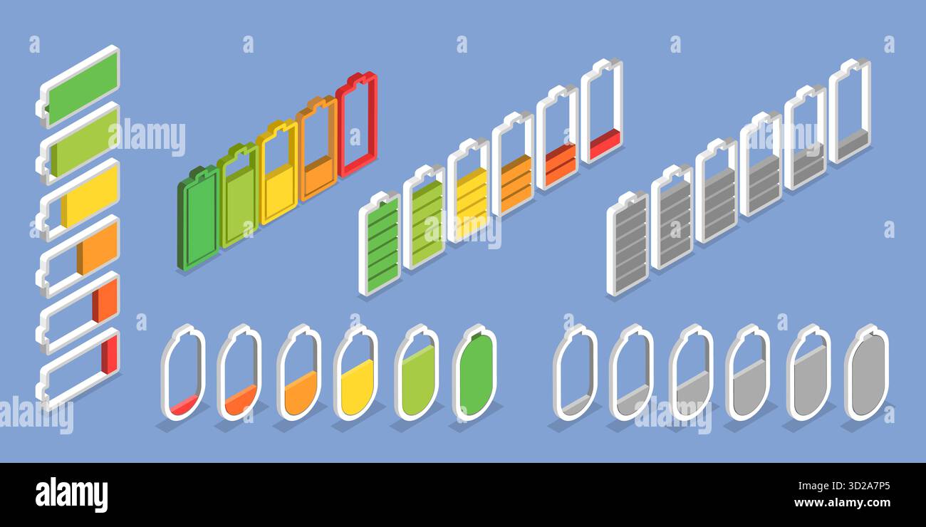 3D Isometrischer flacher Satz von Akkus für Ladezustand, Ladeanzeige Stockfoto