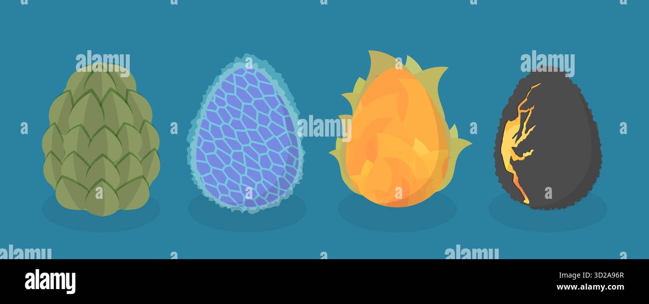 3D Isometrischer flacher Satz Dracheneier, Märchensteine Stockfoto