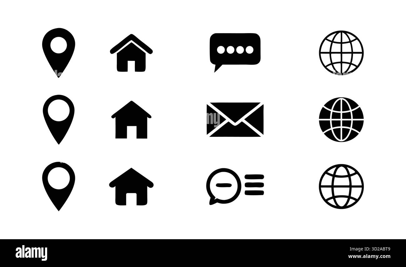 Schwarzweiß-Vektorsymbole für Navigationskommunikation und Homepages Stock Vektor
