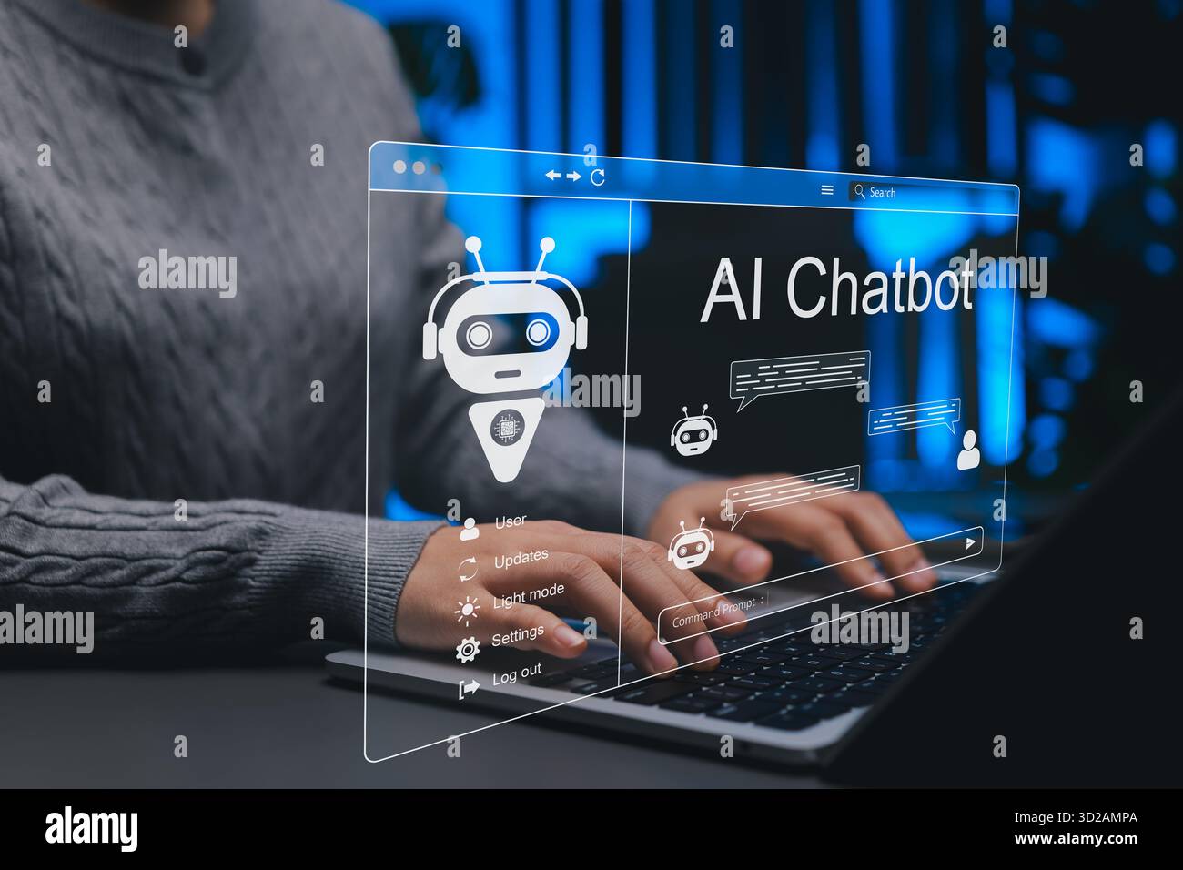 KI-Chatbot-Konzept. Person, die ein Laptop und ein virtuelles Chatfenster nutzt und künstliche Intelligenz, generative KI, Assistent, KI-Agenten repräsentiert, Stockfoto