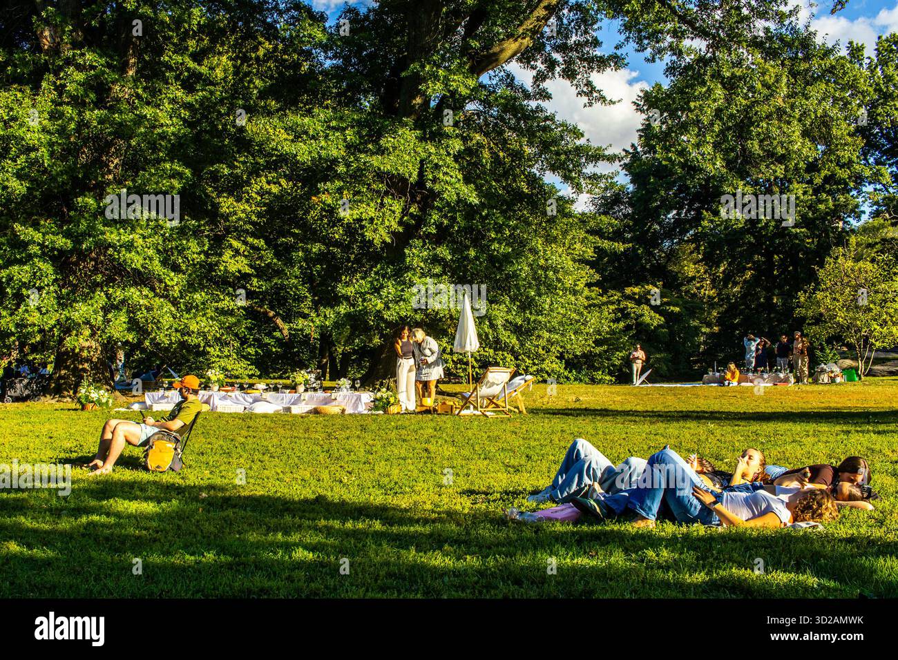 Die Leute entspannen sich im Gras im Central Park an einem sonnigen Sommerwochenende Nachmittag, während ein dekorierter Tisch für ein Picknick oder eine Party eingerichtet wird Stockfoto