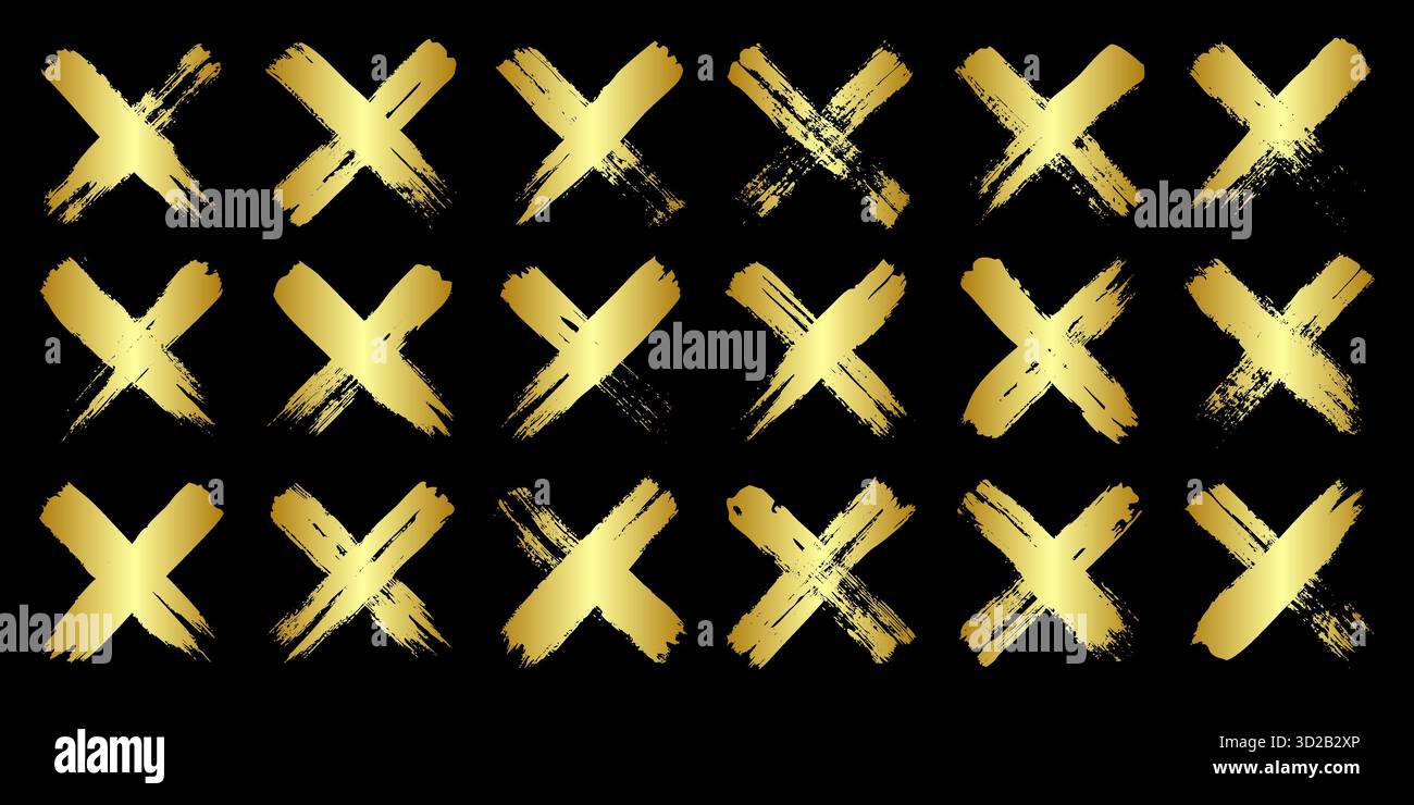 Goldene Grunge-Kreuze, Pinselstriche, Linien, Tintenflecken, handgezeichnete Kritzelformen. Handgemachte, skizzenhafte Markierungen, Acrylflecken, Holzkohlestreifen. Farbe Stock Vektor