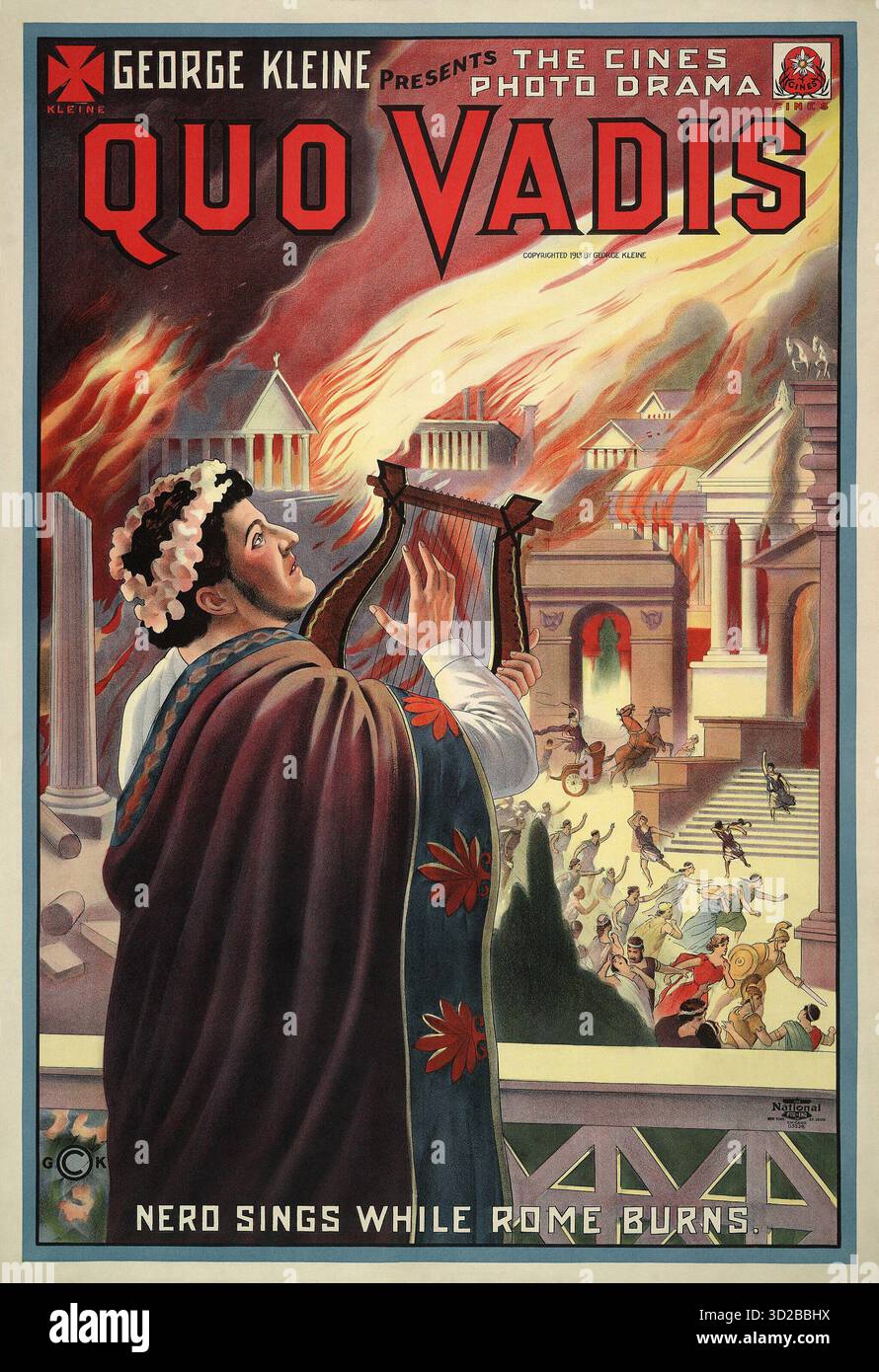 Vintage-Chromolithographie-Poster für den Stummfilm Quo Vadis von 1913, produziert von George kleine und präsentiert als Cines Photo Drama. Das Kunstwerk zeigt Kaiser Nero, wie er eine Leier spielt, während Rom brennt, und verweist auf die berüchtigte Legende, unter der panische Bürger flüchten. Copyright 1913 von George kleine Stockfoto
