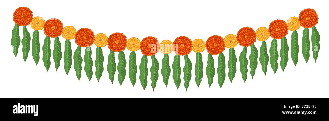 Traditionelle indische Blumengirlande mit Ringelblumen und Mangoblättern. Dekoration für indische Hindufeiertage oder Hochzeiten. Stock Vektor