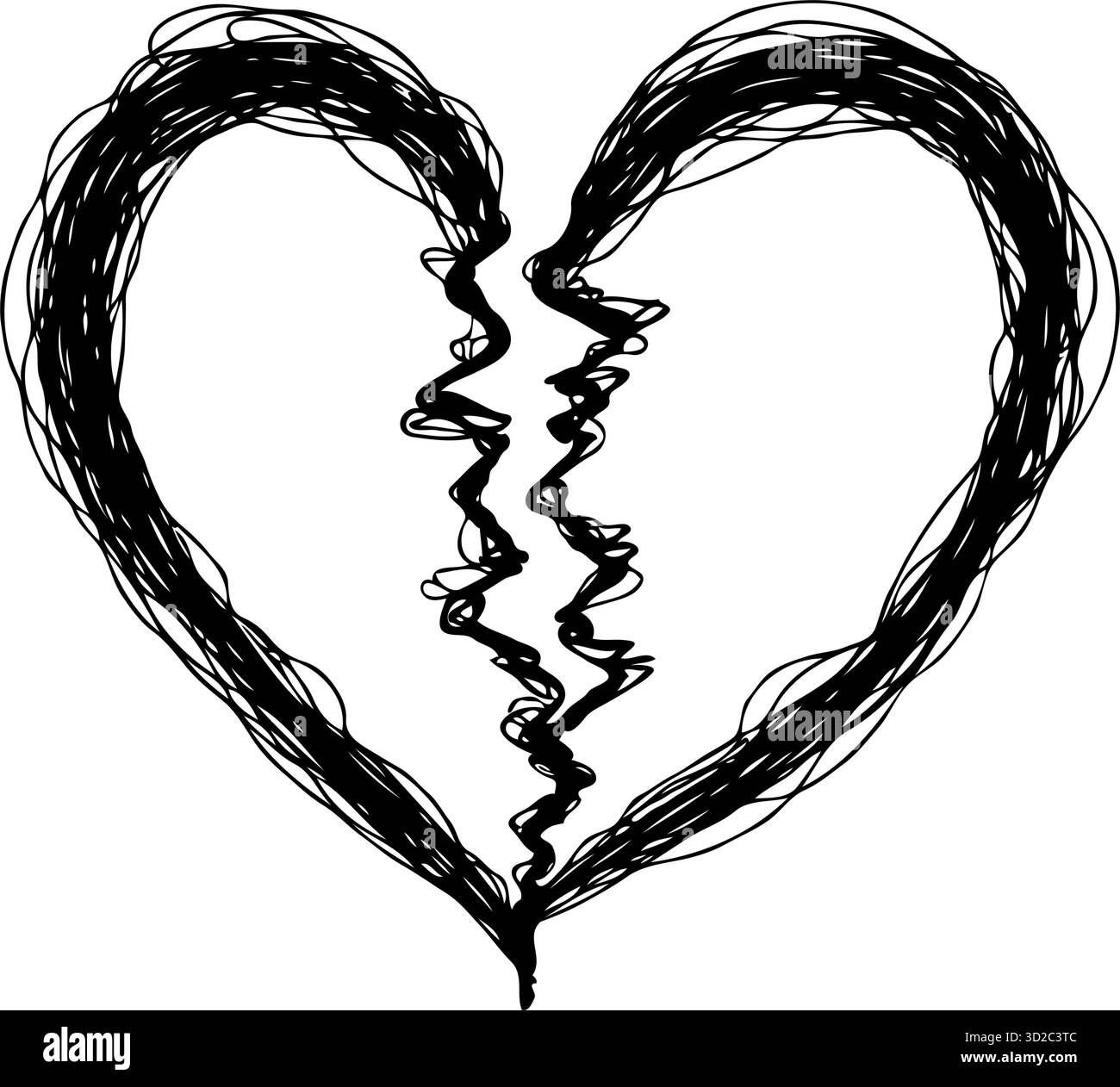 Handgezeichnetes gebrochenes Herz im Scribble-Skizzenstil auf weißem Hintergrund, das Herzbruch, Traurigkeit oder emotionalen Schmerz symbolisiert Stock Vektor