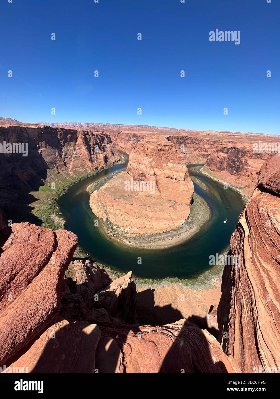 Grand Canyon: Wüstenlandschaft, blühende Pflanzen, Sandsteinklippen und ein Fluss - Smartphone-aufgenommenes Stockfoto