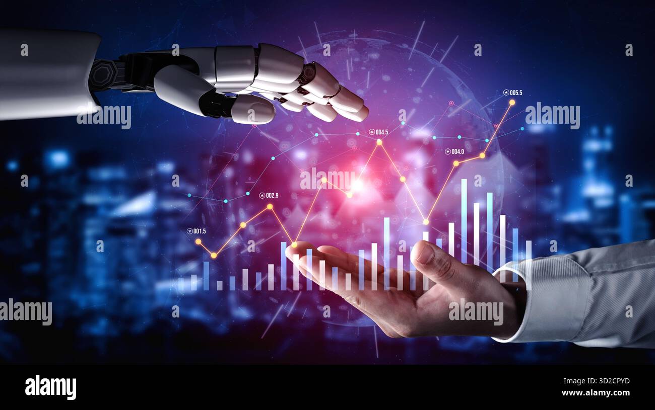 Eine Roboterhand erstreckt sich vor dem Hintergrund von Finanzgrafiken und einer Skyline der Stadt auf eine menschliche Hand und symbolisiert die Verschmelzung von Technologie und Mensch Stockfoto