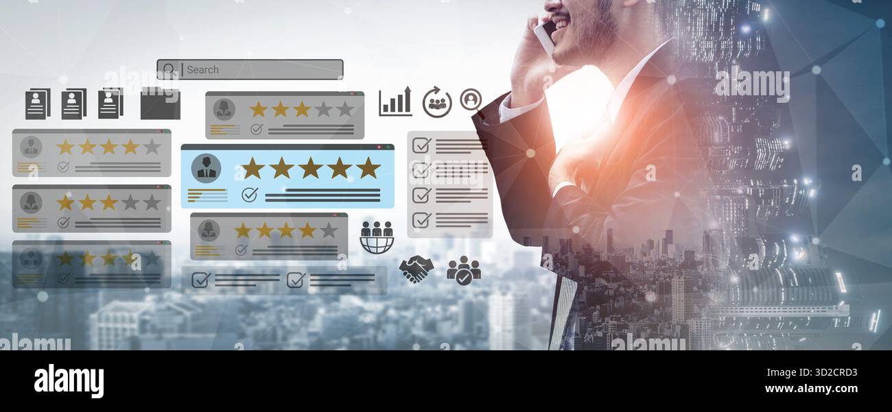 Digitales Dashboard mit Mitarbeiterbewertung, Sternebewertungen und Leistungskennzahlen für die Analyse von HR- und Managementanalysen Stockfoto