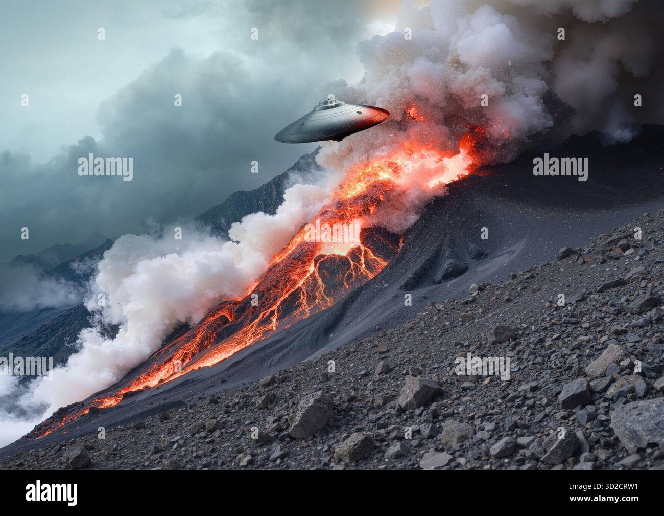 Abbildung eines nicht identifizierten Luftphänomens (UAP), das über einen aktiven Vulkan fliegt. Stockfoto