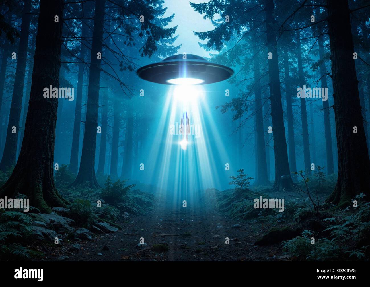 Illustration eines nicht identifizierten Luftphänomens (UAP), bei dem jemand in einem Wald entführt wird. Stockfoto