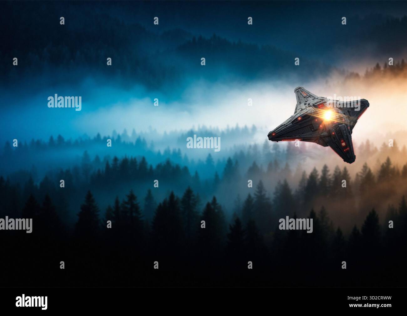 Illustration eines unbekannten Luftphänomens (UAP), das über einen Wald fliegt. Stockfoto