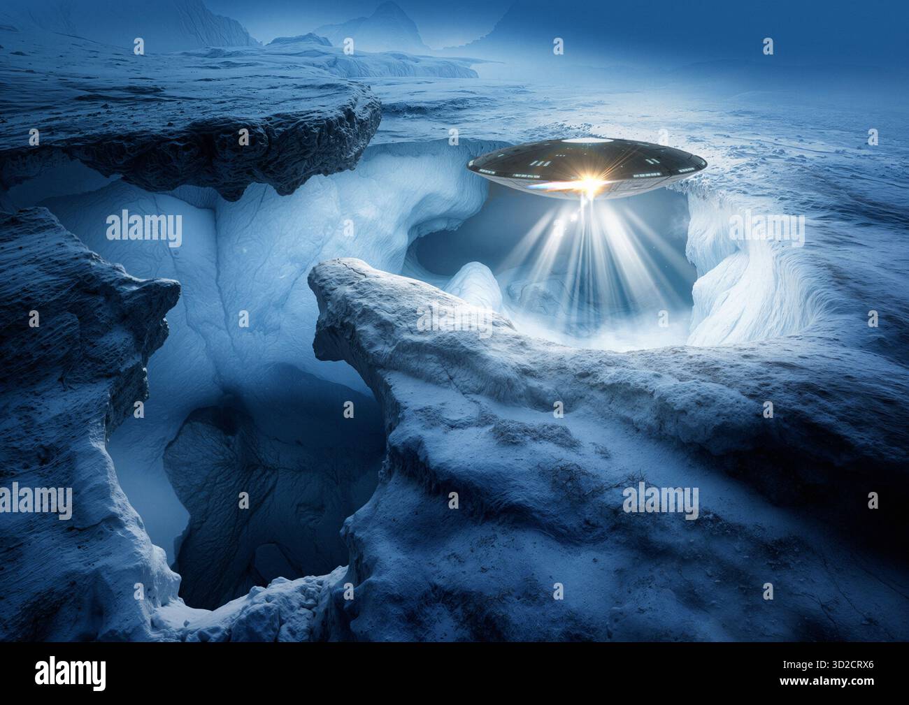 Illustration eines unbekannten Luftphänomens (UAP) in der Antarktis. Stockfoto