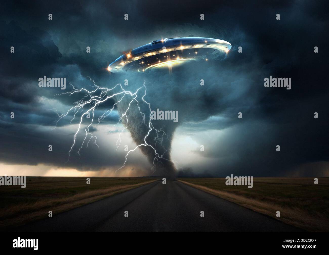 Darstellung eines unbekannten Luftphänomens (UAP), das während eines Sturms fliegt. Stockfoto