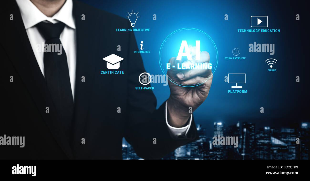 Die Rolle von KI im E-Learning für personalisierte Online-Schulungen. Eine adaptive Lernplattform mit Kursen zum Selbststudium und Technologieschulungen. Motiv Stockfoto