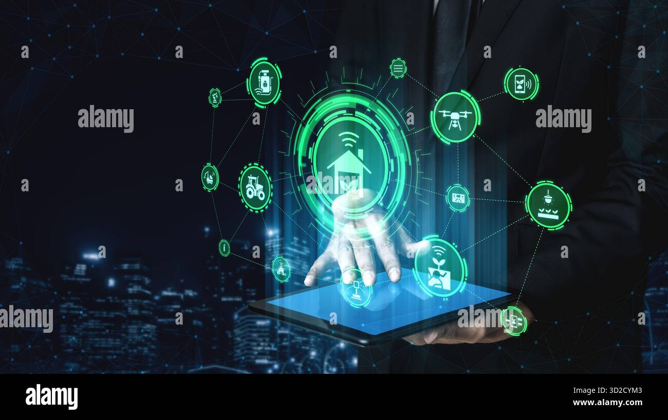 Das Konzept der intelligenten Landwirtschaft revolutioniert die moderne Landwirtschaft. Durch den Einsatz von Innovation und Automatisierung verbessert dieser Ansatz für eine intelligente Landwirtschaft die Effizienz und die Effizienz Stockfoto