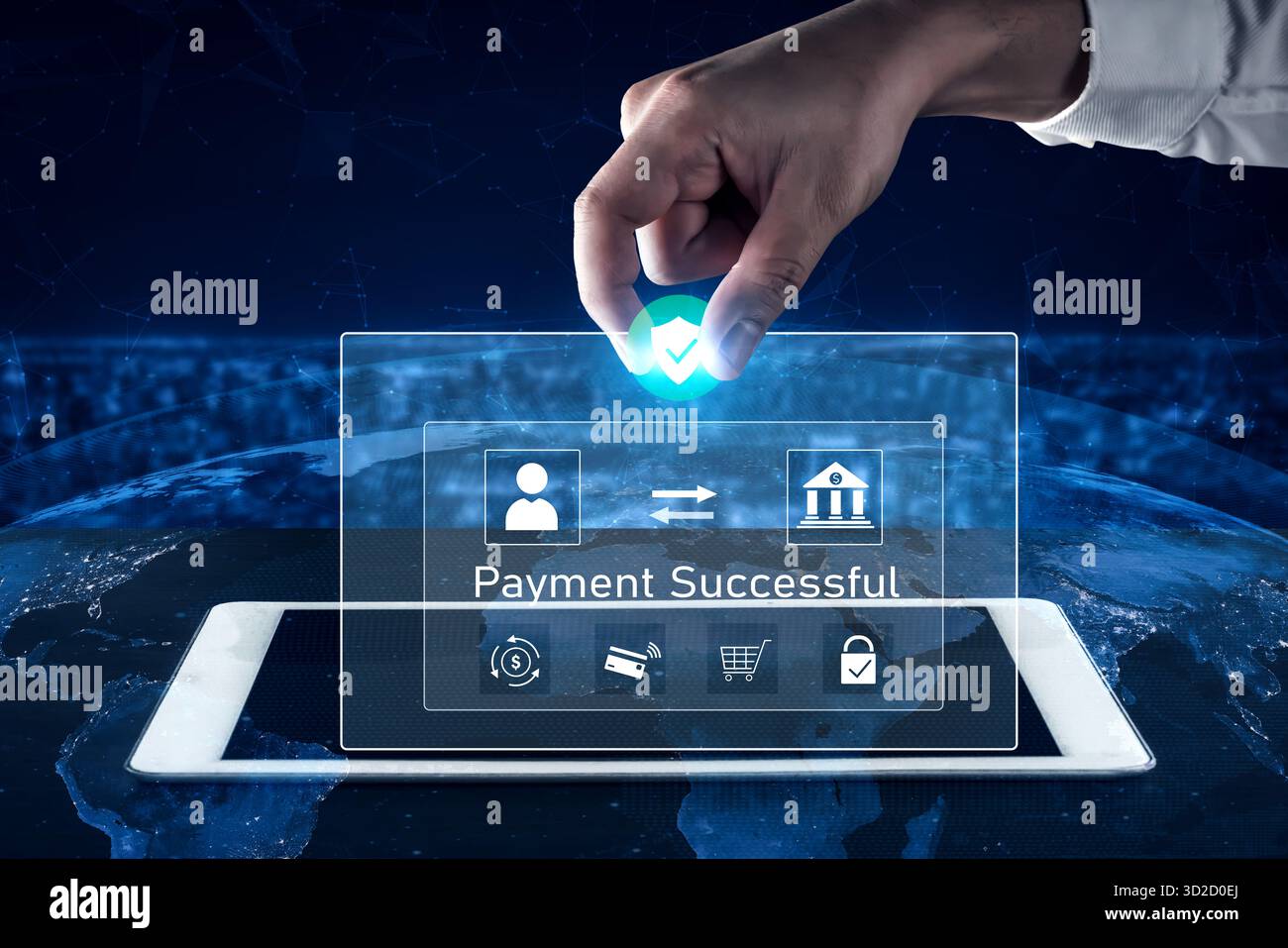 Nachricht über erfolgreiche Transaktion mit sicherer Zahlung. Zahlung bestätigt, gesichert, Zahlung verarbeitet und Zahlung mit Treuhandkonto und Transaktion abgeschlossen Stockfoto