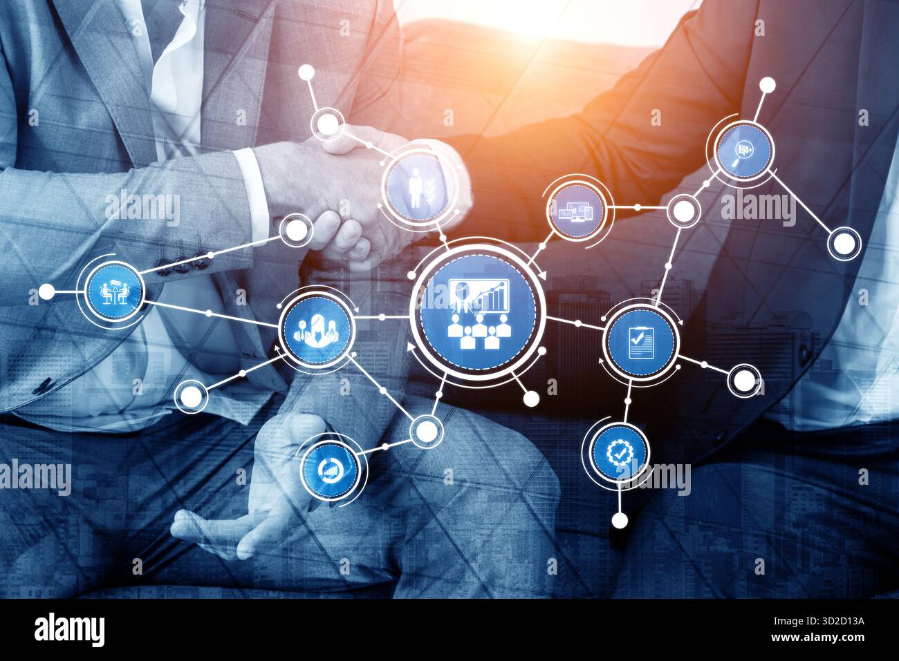 Geschäftspartner schließen ein Geschäft mit einem Handschlag ab, umgeben von digitalen Netzwerksymbolen, die Wachstum, Zusammenarbeit und beruflichen Erfolg in symbolisieren Stockfoto