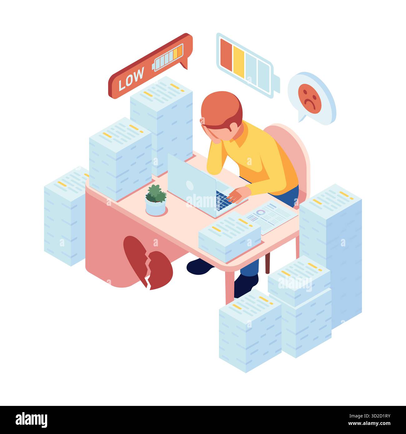 Isometrischer Burnout-Büroangestellter, gestresst am Schreibtisch mit Energiesymbol. Burnout at Work-Konzept Stock Vektor