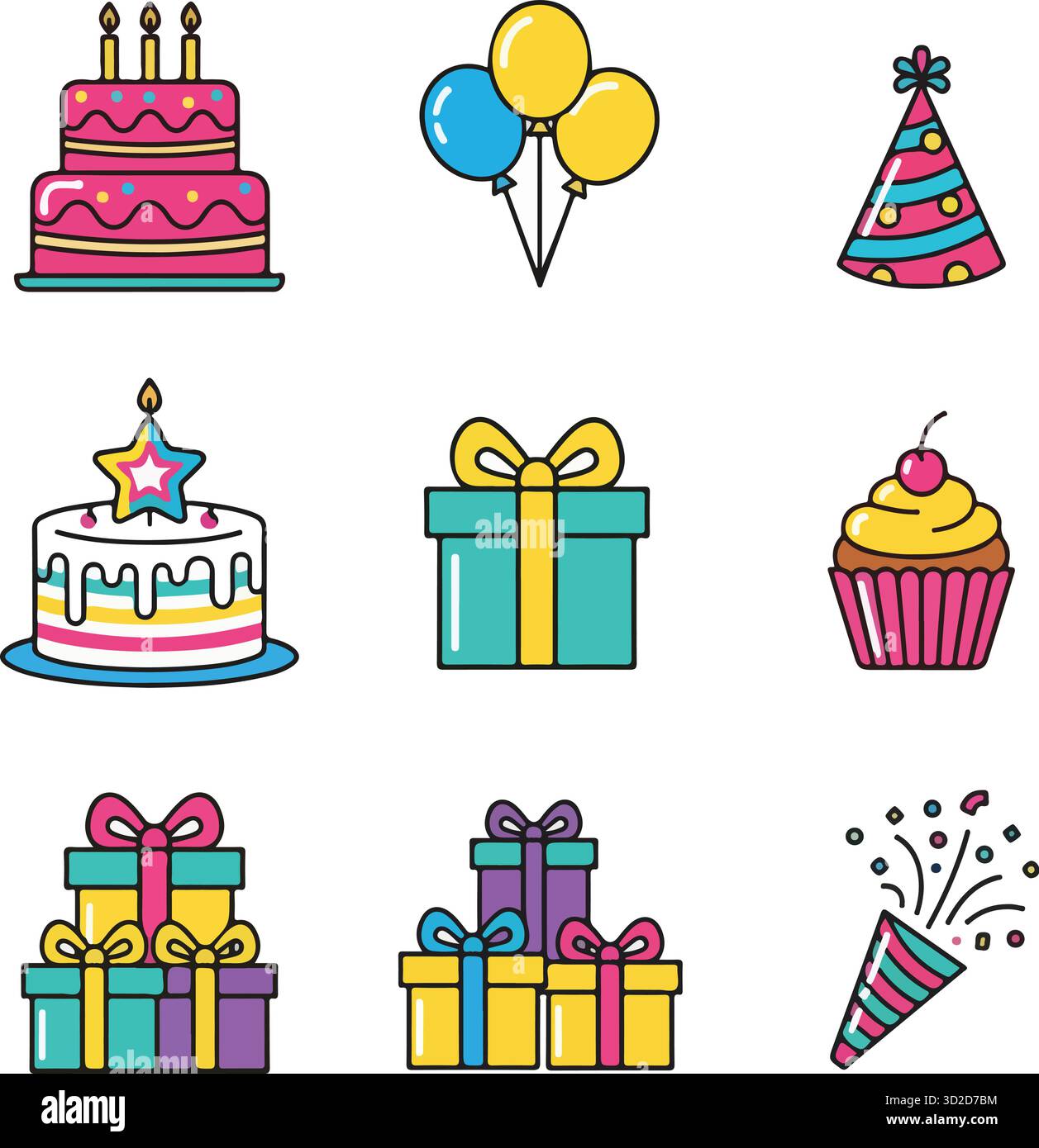 Minimalistische Silhouette-Symbole zum Geburtstag in Schwarz und weiß. Set mit vier Symbolen für Kuchen und Ballon für die Feier. Stock Vektor