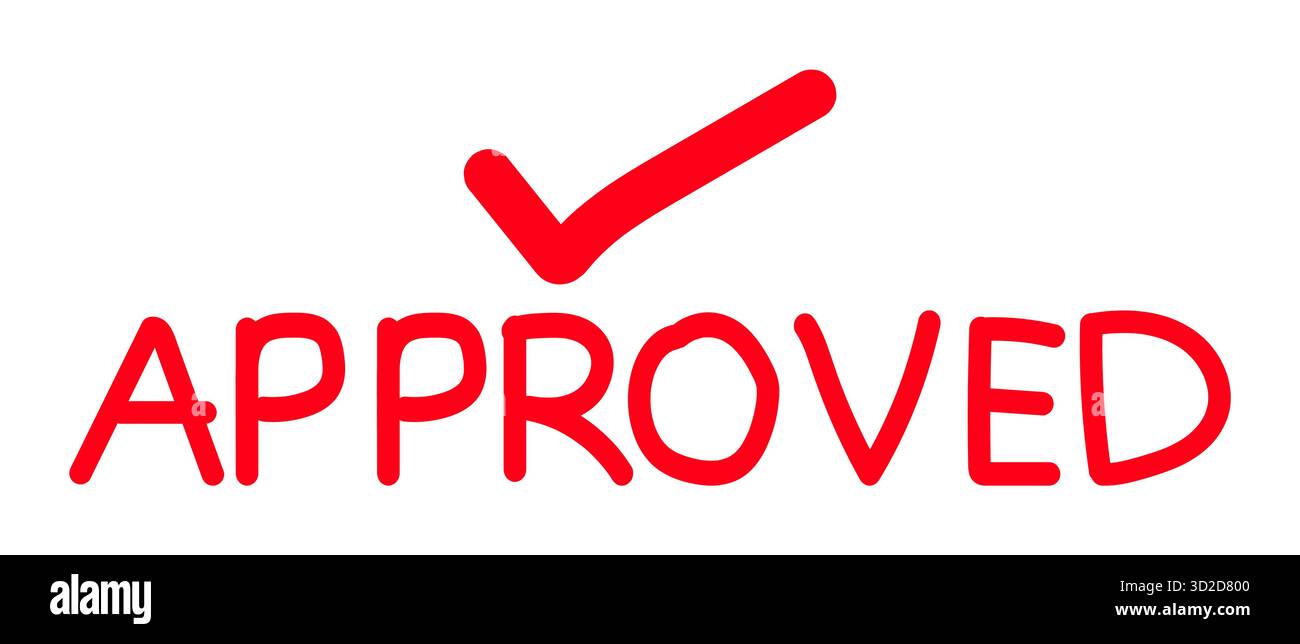 Handgeschriebener roter genehmigter Text mit Häkchen zur Bestätigung und Akzeptanzvektorsymbol auf weißem Hintergrund, perfekt für die Validierung der Genehmigung Stock Vektor