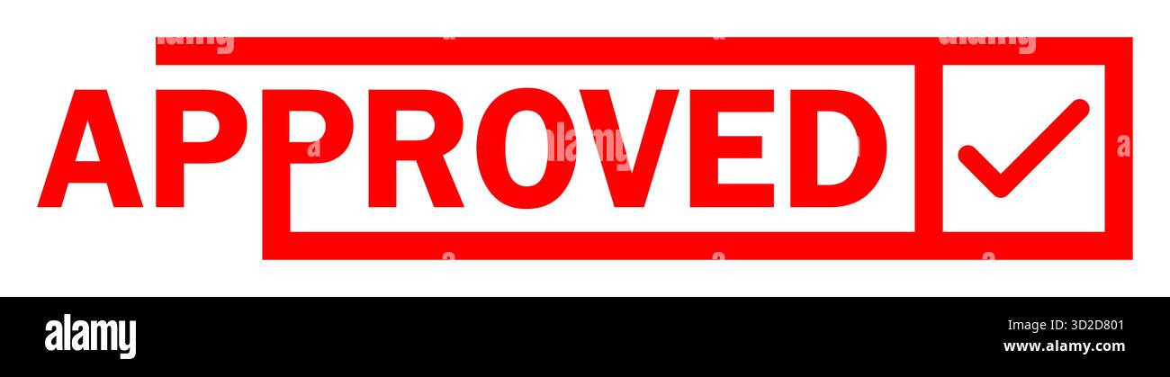 Rot genehmigter Text mit Häkchenstempel Vektorsymbol perfekt für Bestätigungen, Genehmigungen, Validierungen und Akzeptanzkonzepte, ideal für Business Design Stock Vektor