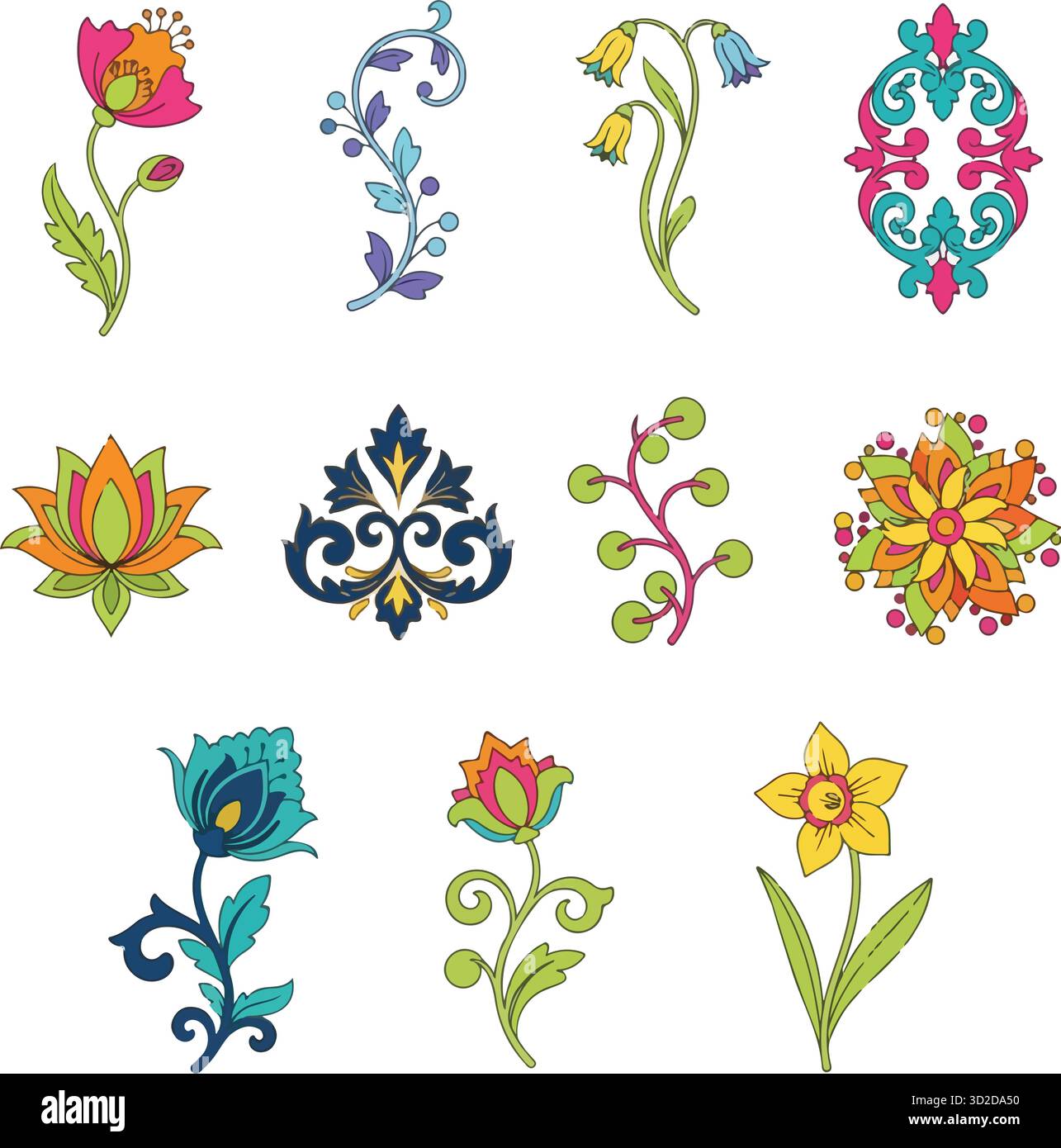 Farbenfrohe, Verzierte Vektorelemente Mit Blumenmuster. Elegantes Dekorationsset mit Blumen, Blättern und Ziermotiven. Stock Vektor