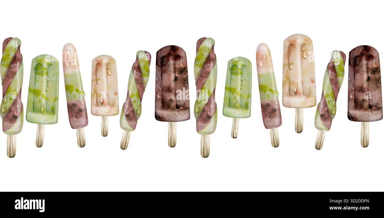 Eis in einem sortierten, nahtlosen Banner. Eis Lolly Popsicle, Schokolade Vanilla Matcha Pistazienaromen. Isolierte Abbildung handgezeichnet Stockfoto