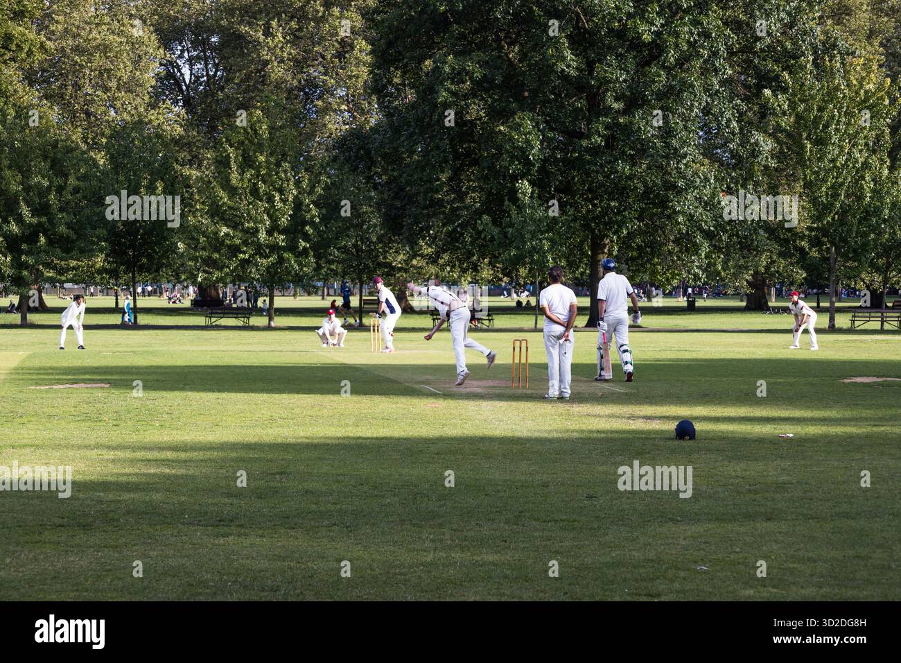 Amateur-Cricket-Match in einem grünen Stadtpark mit Spielern Stockfoto