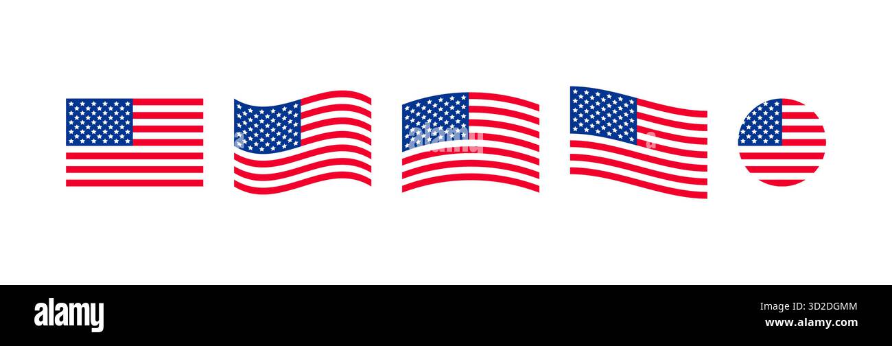 USA Flaggenvektor gesetzt US Flagge in verschiedenen Stil einschließlich Kreis quadratische und wellenförmige Designs, die Patriotismus nationalen Stolz repräsentieren Stock Vektor