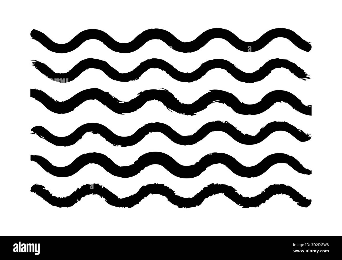 Satz von sechs schwarzen welligen Grunge Pinsel Strichvektorlinien isoliert auf weißem Hintergrund für kreative Design Projekte Dekoration Illustration und künstlerische Stock Vektor