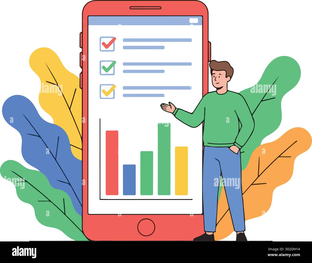 Uomo che presentation un grafico di successo su Smartphone con elementi naturali. Concetto di Business sostenibile, Crescita e tecnologia. Stock Vektor