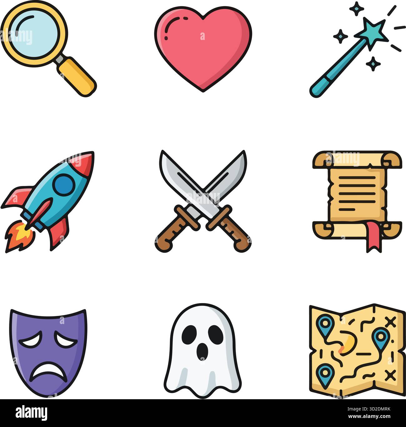 Symbole Für Fiction Genre Gesetzt. Solide gefüllte Symbole für meistverkaufte Bücher wie Mystery, Romance, Fantasy und Science Fiction. Stock Vektor