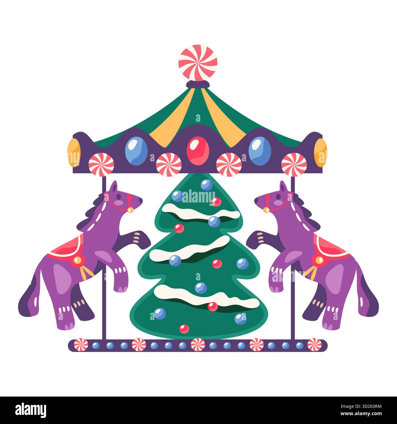 Neujahrskarussell oder Weihnachtsattraktion. Vektor-Zeichentrickfilm Winter-Feiertagsspielzeug. Flache Ikone mit Kind oder Kind fröhlich mit Pferd. Weihnachtsdekoration oder saisonaler festlicher Kreisverkehr. Stock Vektor