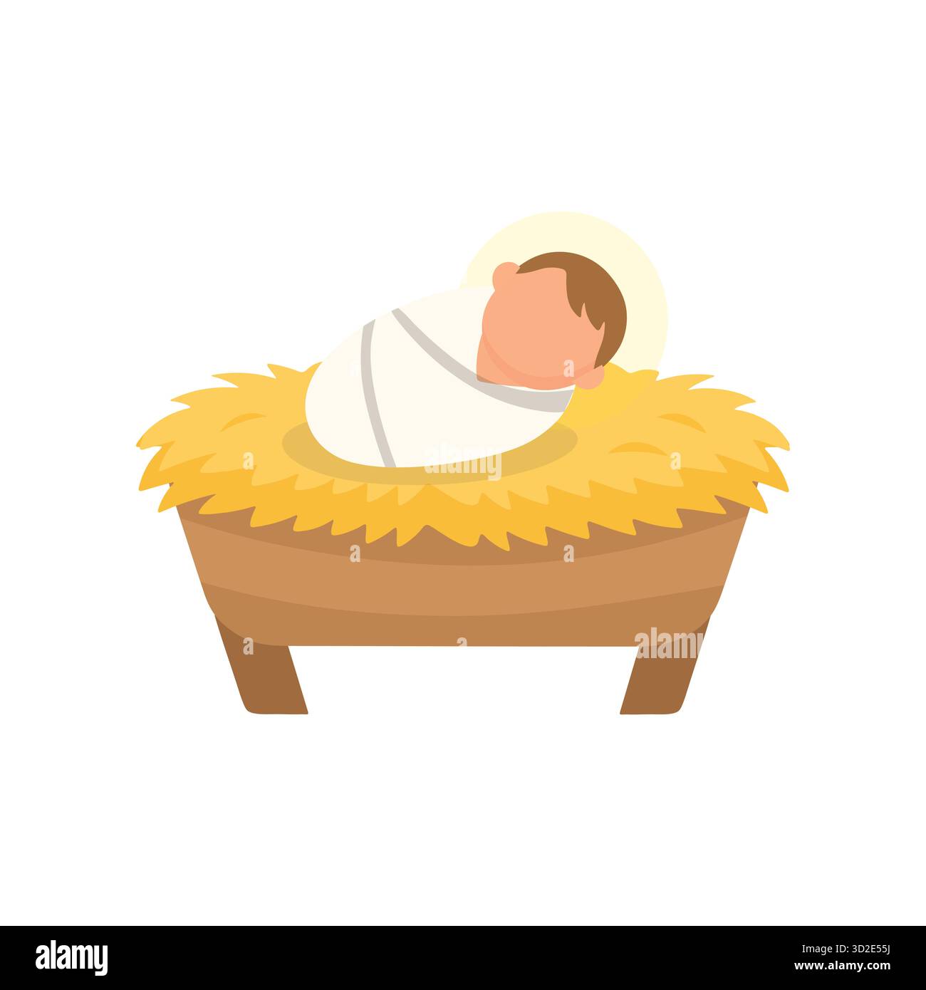 Jesus-Baby im Zeichentrickstil, in weißes Tuch gewickelt, in einer mit Strohhalmen gefüllten Krippe. Ideal für religiöse Weihnachtsmotive und Krippen. Stock Vektor