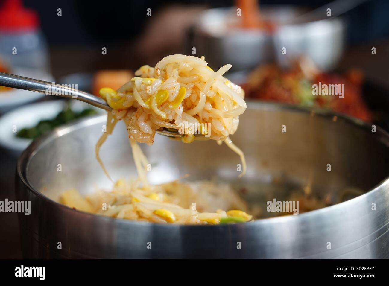 Ein Löffel koreanischer Sojabohnen-Prospektreis (Kongnamul-bap) Stockfoto
