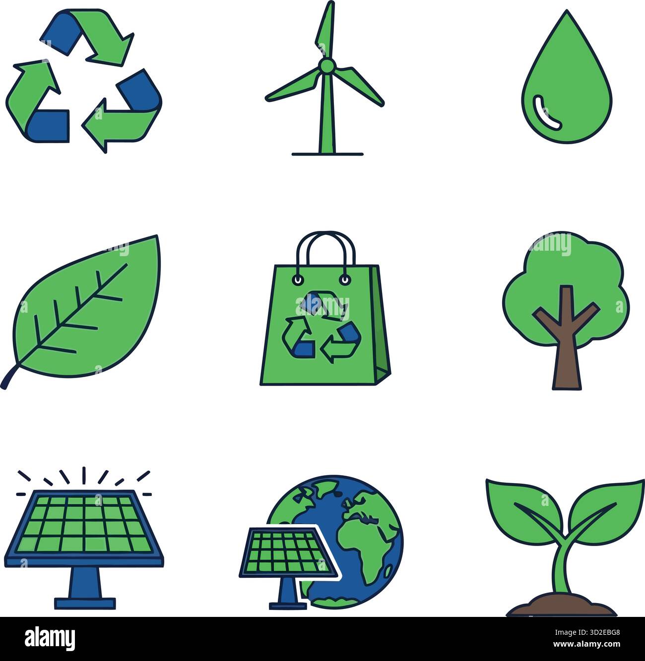 Set mit Symbolen für Ökologie und Umwelt für flache Konstruktion. Vektorgrafiken für grüne Energie und Recycling. Stock Vektor