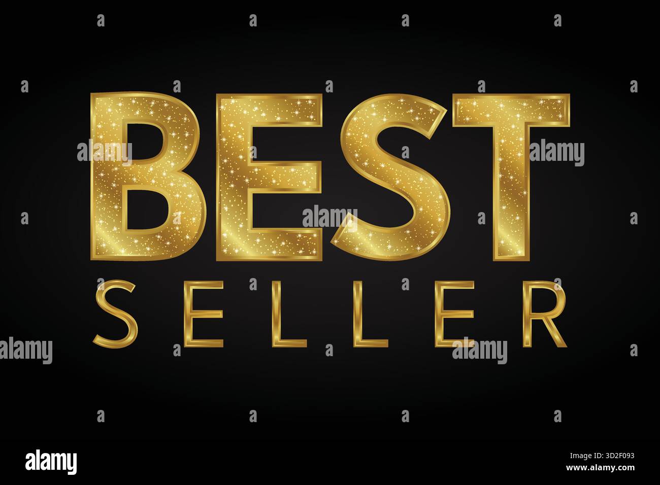 Text des Bestsellers mit goldener Glitzerstruktur auf schwarzem luxuriösem Hintergrund. Stock Vektor