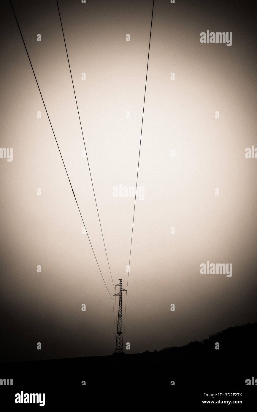 Stromleitungen erstrecken sich von einem Gittermast in den grauen, bewölkten Himmel. Stockfoto