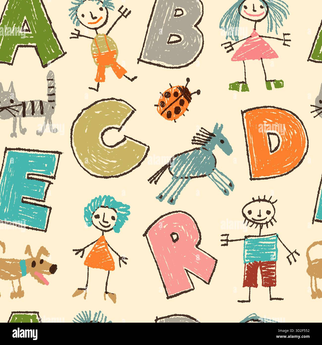Nahtloses Schriftmuster für Kinder mit Buntstift. Wiederholte lustige Kritzelbriefe, Tiere und Menschen, strukturierte Baby-Typografie Textilien, Geschenkpapier, Tapeten Stock Vektor