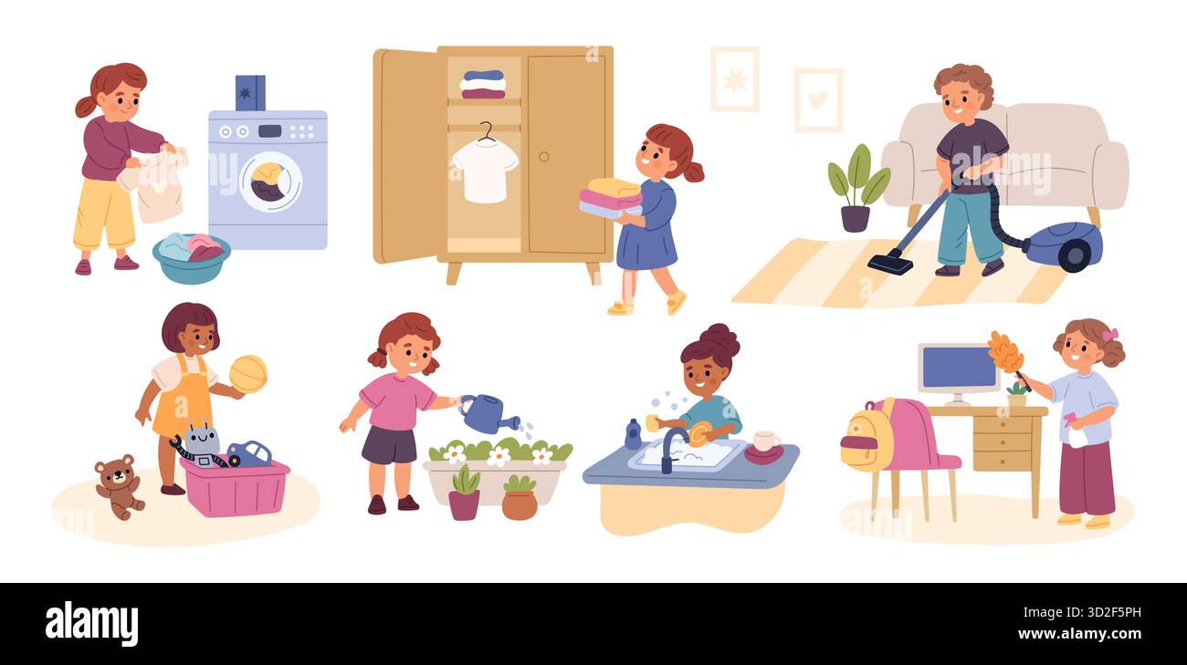Niedliche Kinder, die ihr Zuhause reinigen. Lustige Kinder saugen, stauben, Blumen gießen, Geschirr waschen, Hausaufgaben und Sorgen, Housekeeping-Animation Stock Vektor