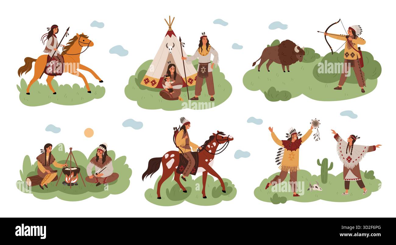 Zeichentrickfilm-indianer. Indische Menschen in traditionellen Trachten, Federkopfschmuck, Reiter, wilde Westernfiguren, Familienkochen, Cartoon Flat Stock Vektor