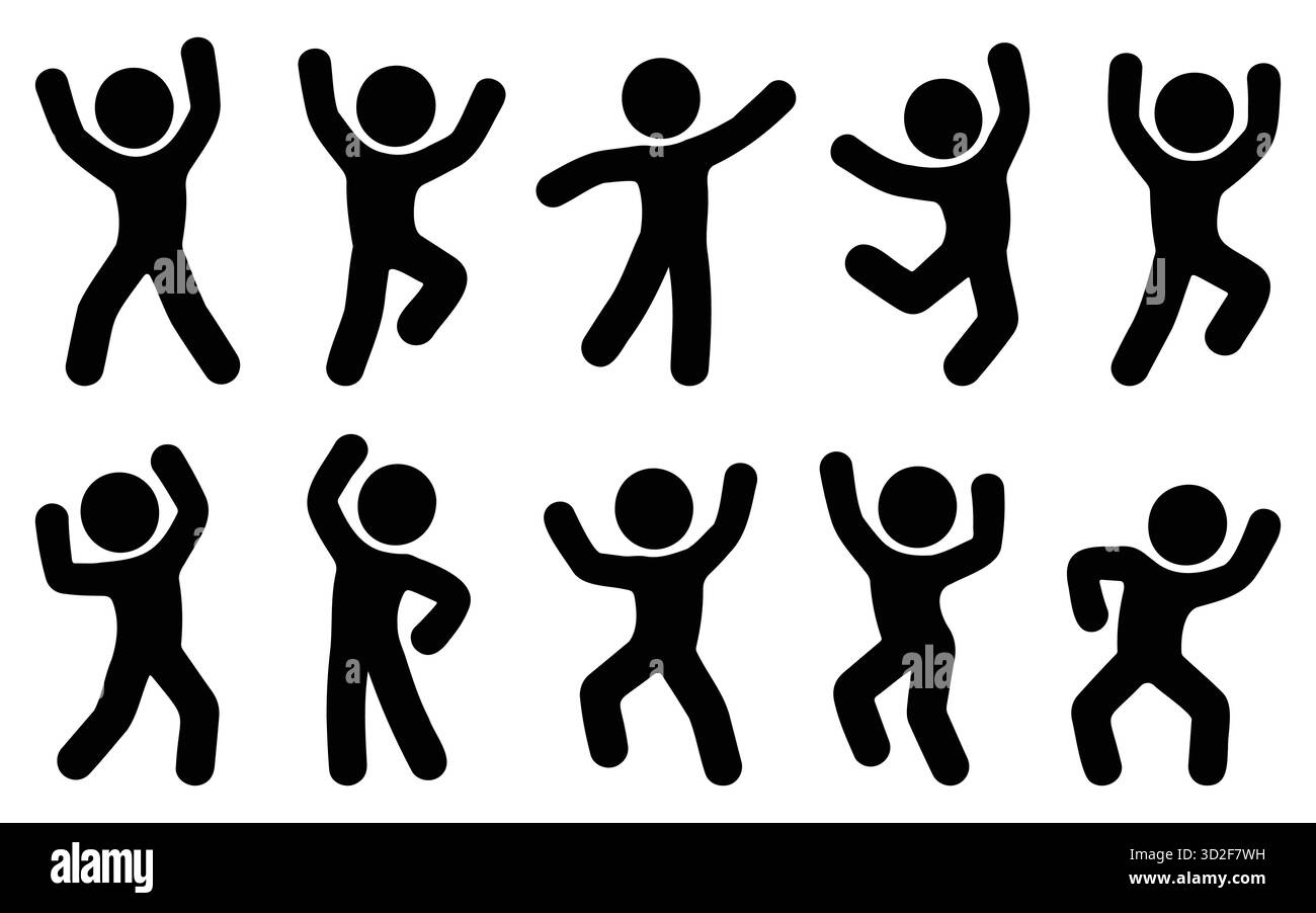 Menschliche Silhouette, Feier, Tanz, Freude, Bewegung Vektor Symbol Set Stock Vektor