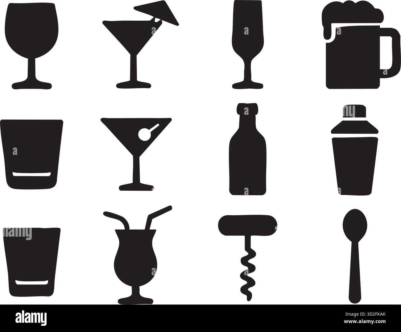 Getränke- und Barsymbole im Umrissstil mit Gläsern, Flaschen, Cocktails, Shakern und Barutensilien für Getränke, Partys und Nachtleben Stock Vektor