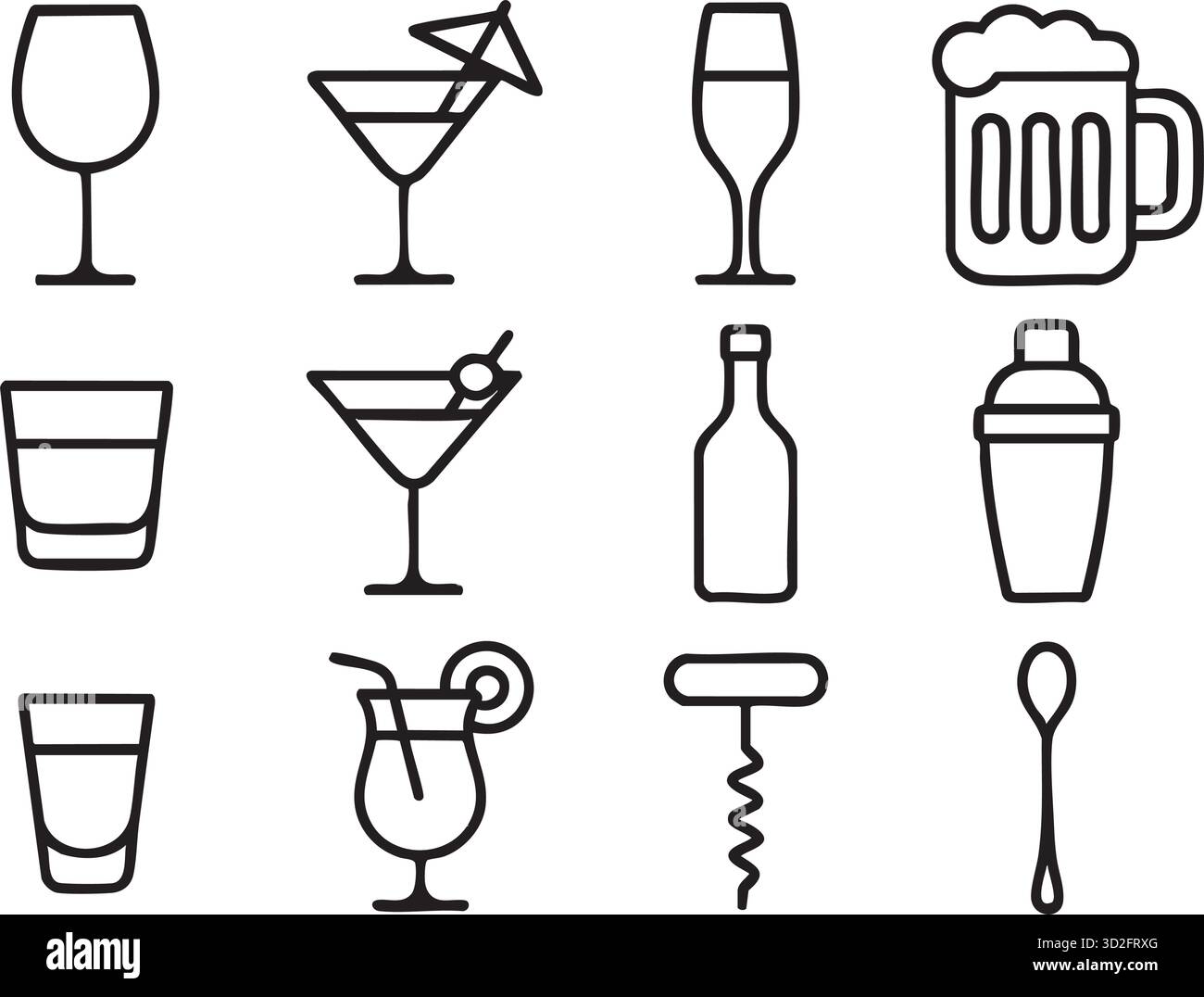 Getränke- und Barsymbole im Umrissstil mit Gläsern, Flaschen, Cocktails, Shakern und Barutensilien für Getränke, Partys und Nachtleben Stock Vektor