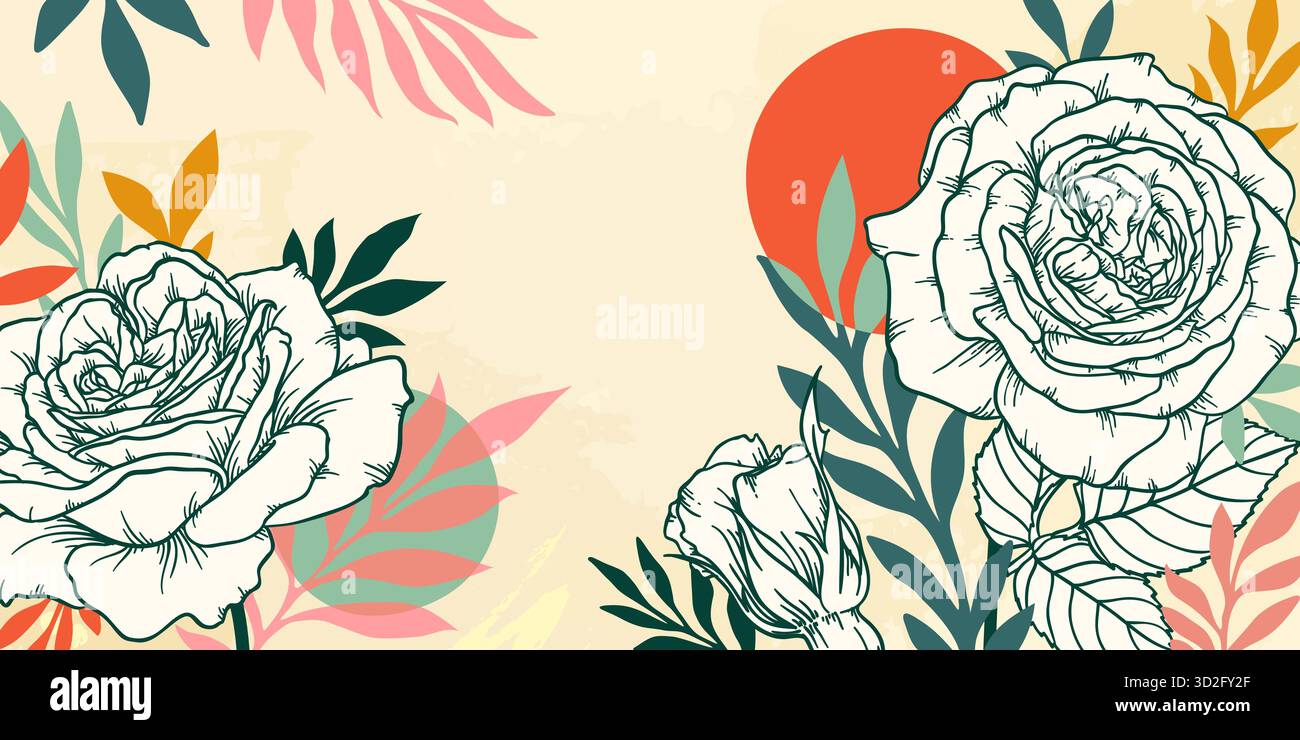 Abstrakte Kunst mit floralem Hintergrund. Zeichnen Sie von Hand umrissene Blumen mit Blättern und Kreisformen. Vektorhintergrund für Wanddekoration, Banner, Postkarte Stock Vektor