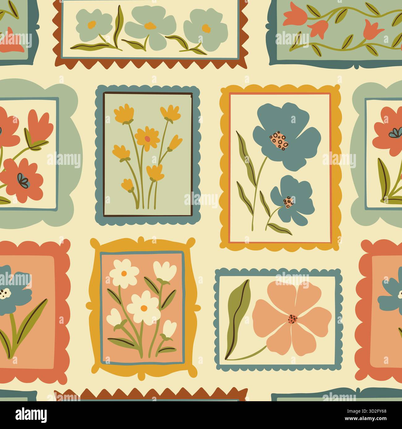 Nahtloses Muster für die Illustration eines Retro-Zeichentrickrahmens mit Blumenmuster. Kollektion im Blumendesign im Vintage-Stil. Geometrisches Gitter, Mosaikdekoration mit natürlichem Blumenstrauß Stock Vektor