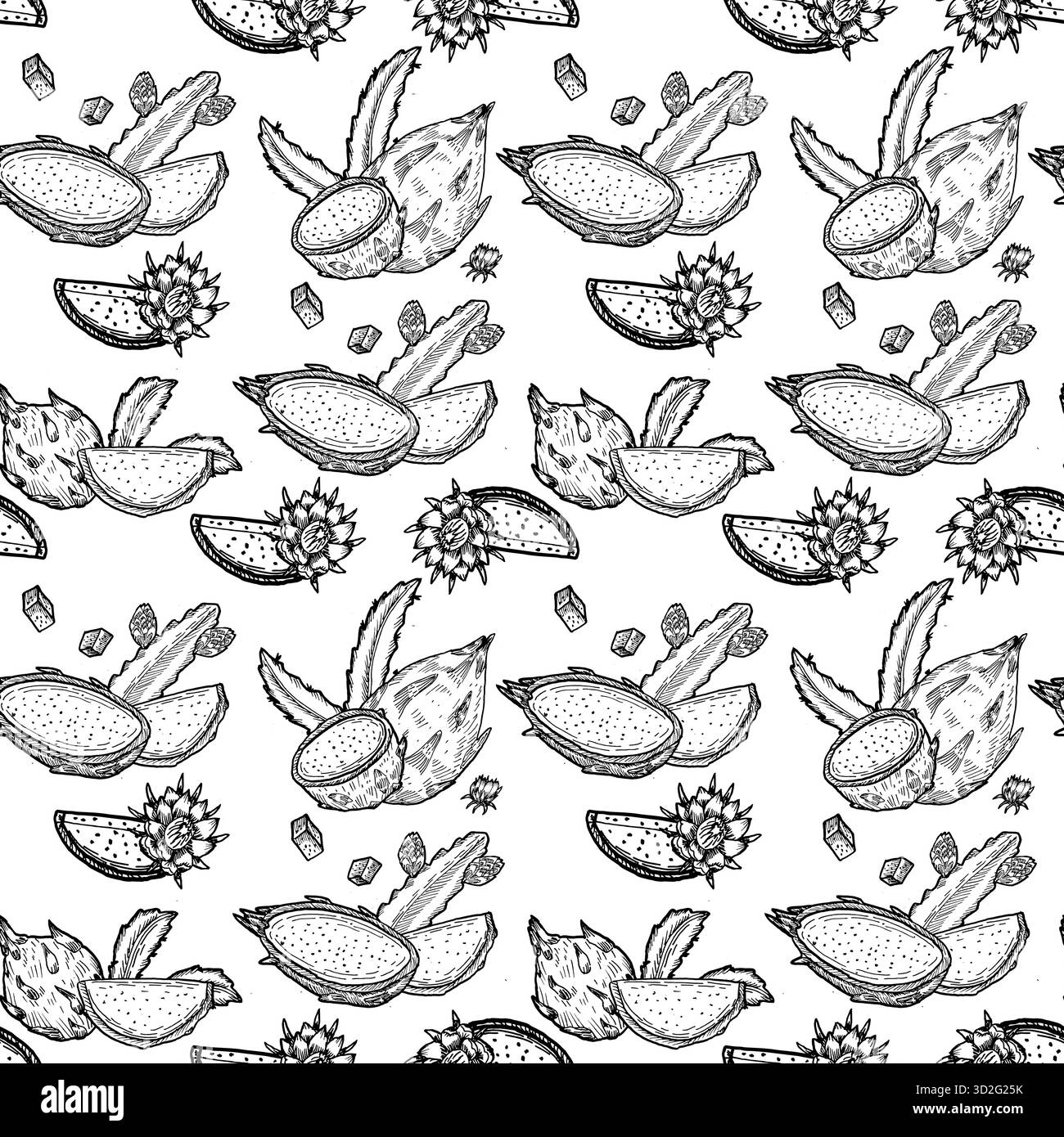 Handgezeichnetes Drachenfrucht-Muster. Stellen Sie den Hintergrund frischer Lebensmittel dar. Sommermuster mit tropischen Früchten für Verpackungen, Textilien, Stoff und Ausmalseiten. Exotisch f Stock Vektor