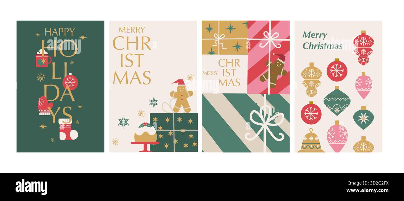 Set mit Karten für frohe Weihnachten und Winterfeiertage. Vektor-Illustrationen von Wintergetränk, Socke, Ornamenten, Geschenken, weihnachtskeks und Kuchen. Moderner Mini Stock Vektor